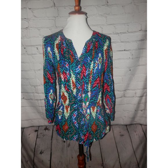 Maeve Top Drop Waist Drawstring Top 2 Blue Green Pink Geometric Blouse Pleated - Picture 1 of 5